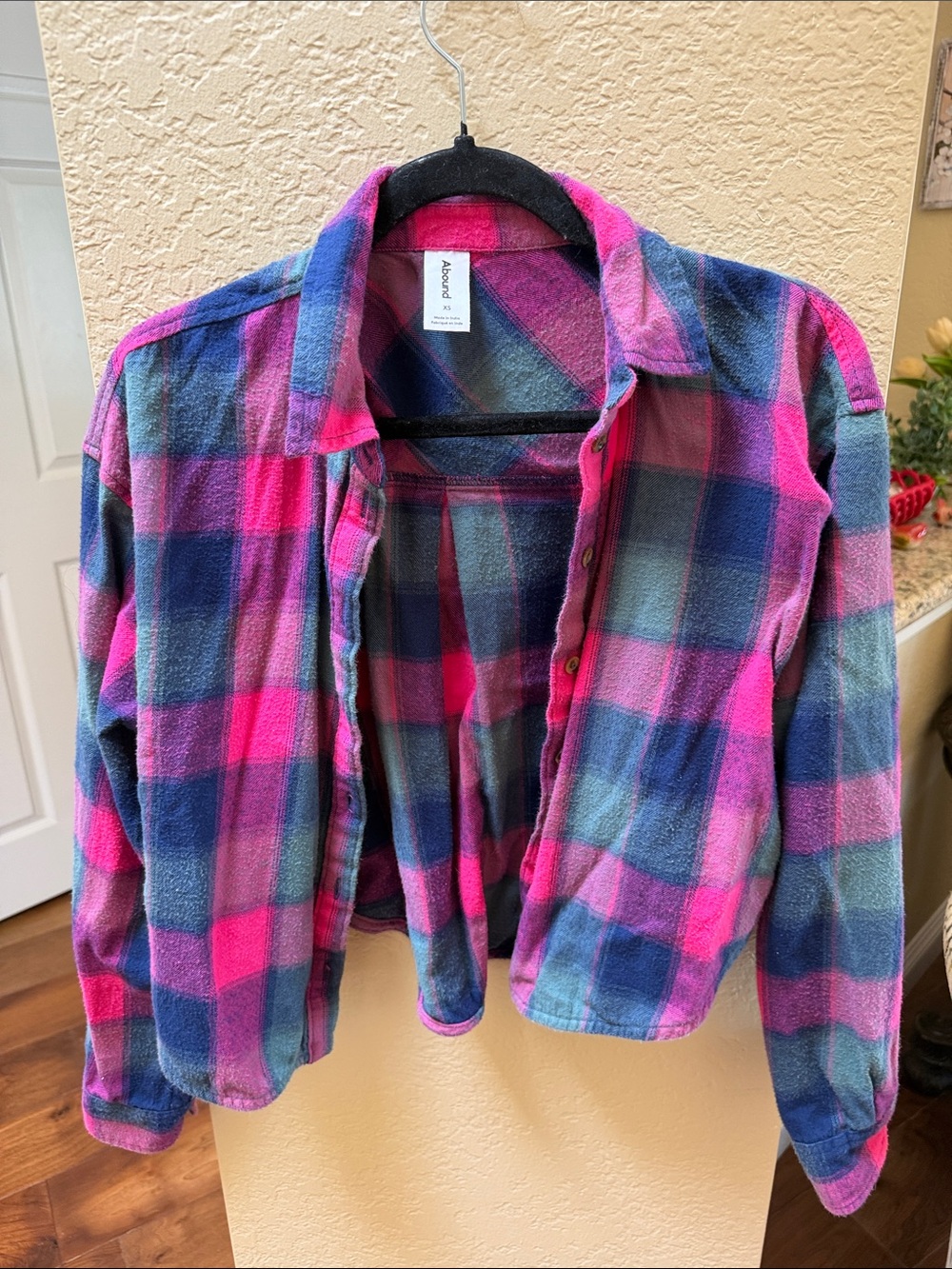 Abound Pink and Green Plaid Button-Down Crop Shirt